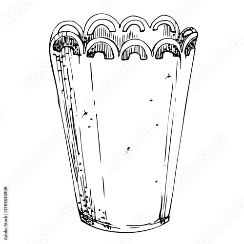 Shabby chic metal flower cachepot, cut out lace rim, minimalist planter bucket. Single object isolated illustration hand drawn in vector ink. Floral farm label, summer garden fair souvenirs, florist