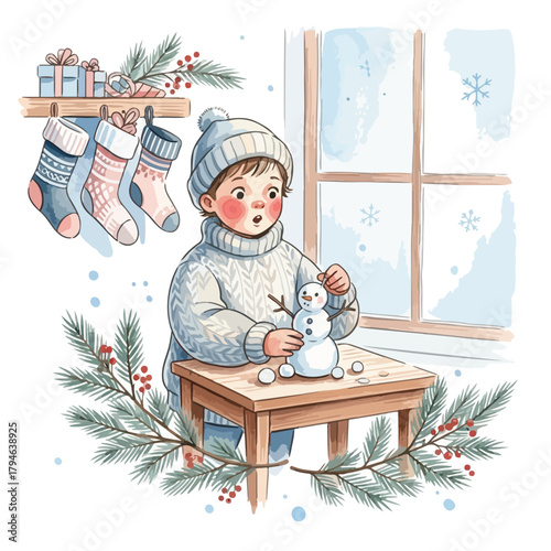 A cheerful young child in a cozy winter outfit decorates a snowman on a wooden table by a window with Christmas stockings and festive holly nearby on a snowy Christmas day.