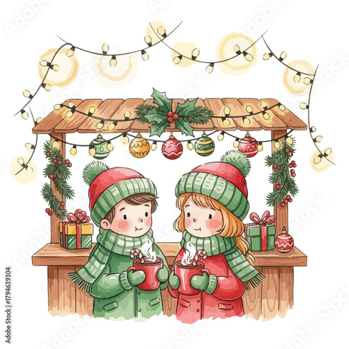 Two happy children in warm winter clothing enjoying Christmas cookies and treats at a festive holiday market stall with string lights and decorations.