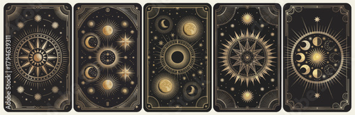 A series of Tarot black and gold cards with a crescent moon, stars and mystical elements on them. Vector illustration
