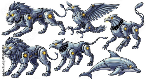 Stunning collection of metallic mythical creatures and marine life, showcasing advanced robotics and futuristic design