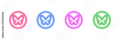 Neon glowing butterfly vector icons set, nature, insect, spring, beauty, glow, vibrant colorful digital design illustration on transparent background.