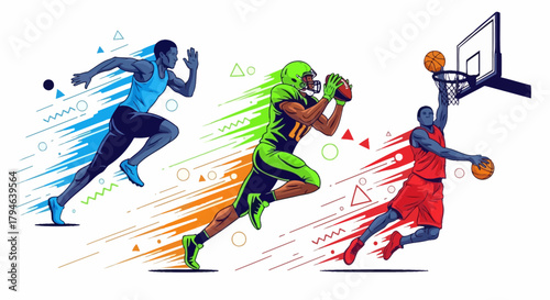 Dynamic athletes sprint catch and dunk showcasing sports energy and athletic achievement in vibrant motion