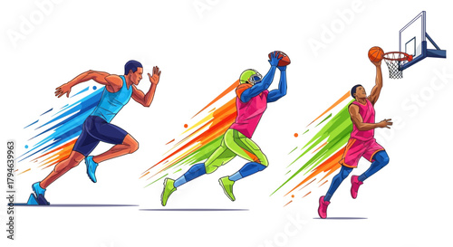 Dynamic athletes showcase speed power and agility in vibrant action scenes