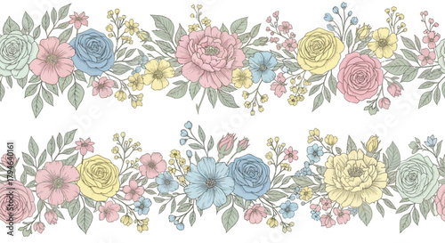 Delicate pastel floral pattern for spring designs, elegant botanical border with roses and blossoms, lovely for wedding invitations and feminine branding