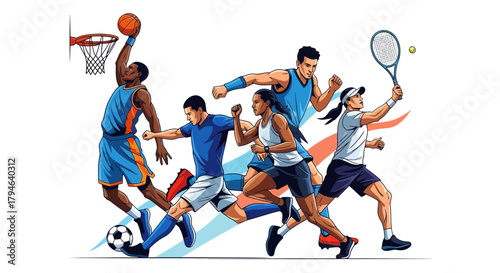 Dynamic athletes in action showcasing basketball soccer tennis and running for ultimate sports energy and achievement