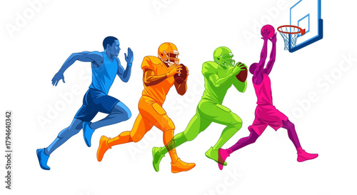 Dynamic athletes showcase sports action with vibrant colors representing speed, power, and athletic achievement.