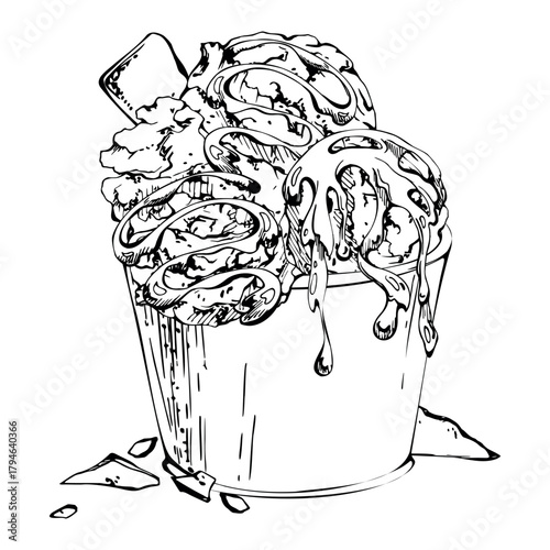 Sorbet gelato in simple paper cup with pistachio nuts, melted chocolate syrup trickle, mint leaves. graphic illustration hand drawn in vector ink. Frozen snack label, summer cafe decor, dessert flyer