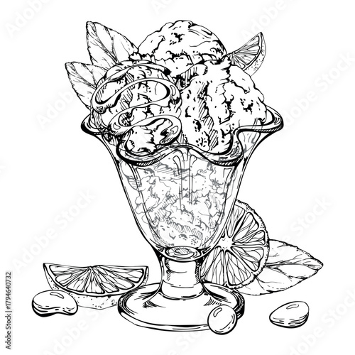 Ice cream gelato scoop in sundae tulip glass bowl with orange slices, mint leaves, candy dragee. Vector graphic illustration hand drawn in pen ink. Party branding, dessert label, artisanal candy tag