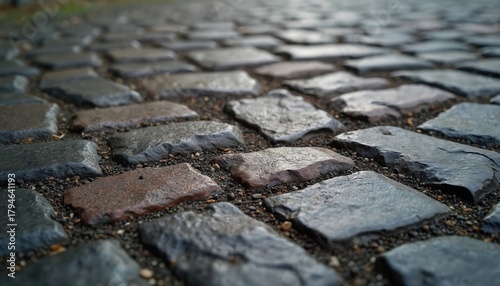 Fototapeta Naklejka Na Ścianę i Meble -  Wet cobblestone street texture with rough stone blocks, small gravel filling. Old city pathway shows weathered surface details after rain. Authentic urban ground provides natural material patterns.