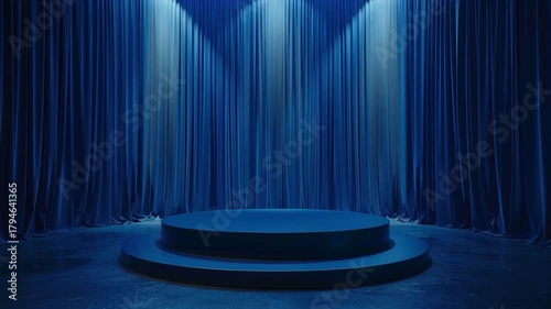 A platform or podium in front of the blue curtains with spotlights. E-commerce products background video