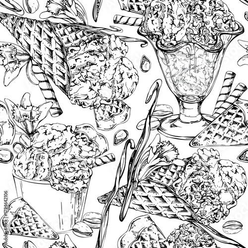 Sorbet gelato ice cream in waffle cone, glass bowl or paper cup with vanilla flower and pods, nuts garnish. graphic seamless pattern hand drawn in vector ink. Cold treat branding, eco dessert label