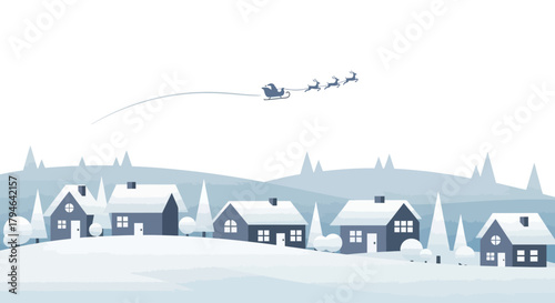 Magical Christmas Eve scene with Santa's sleigh soaring over snow covered houses, perfect for holiday cards, website banners, and festive social media posts