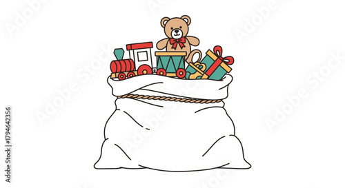 Adorable Christmas toy sack with train, teddy bear, gifts for joyful holiday season celebrations, bringing smiles and delight to children everywhere
