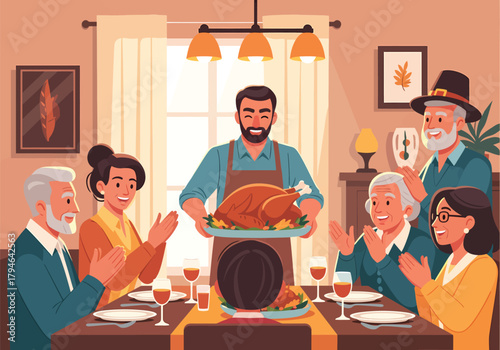 A vibrant 2D illustration of a family celebrating the holiday. The centerpiece is the roast turkey being served