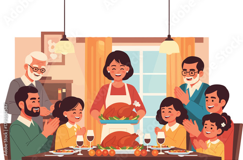 A flat-style vector illustration showing a mother proudly serving a cooked turkey on a platter to her eagerly waiting family