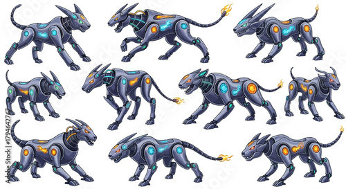 Dynamic robotic canines with glowing accents and fiery tails showcase futuristic power and agility.