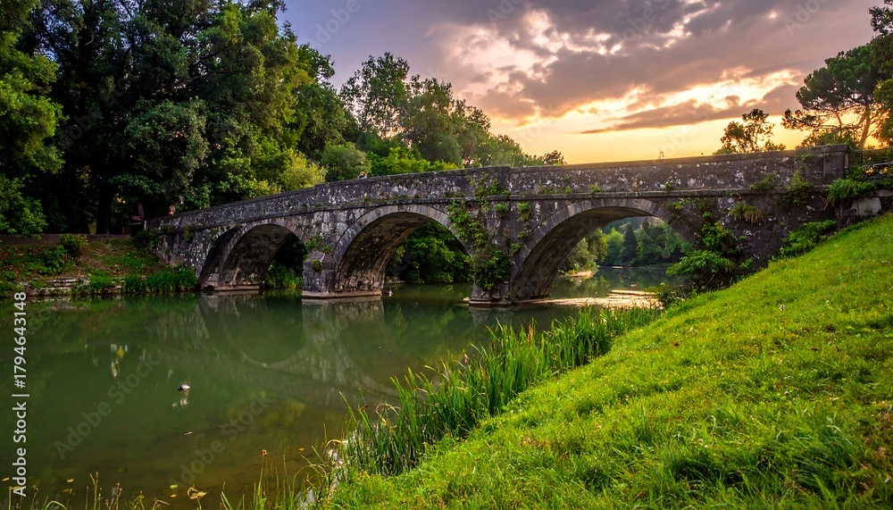Fototapeta premium An old stone bridge spans a calm river under a sunset sky amidst lush greenery