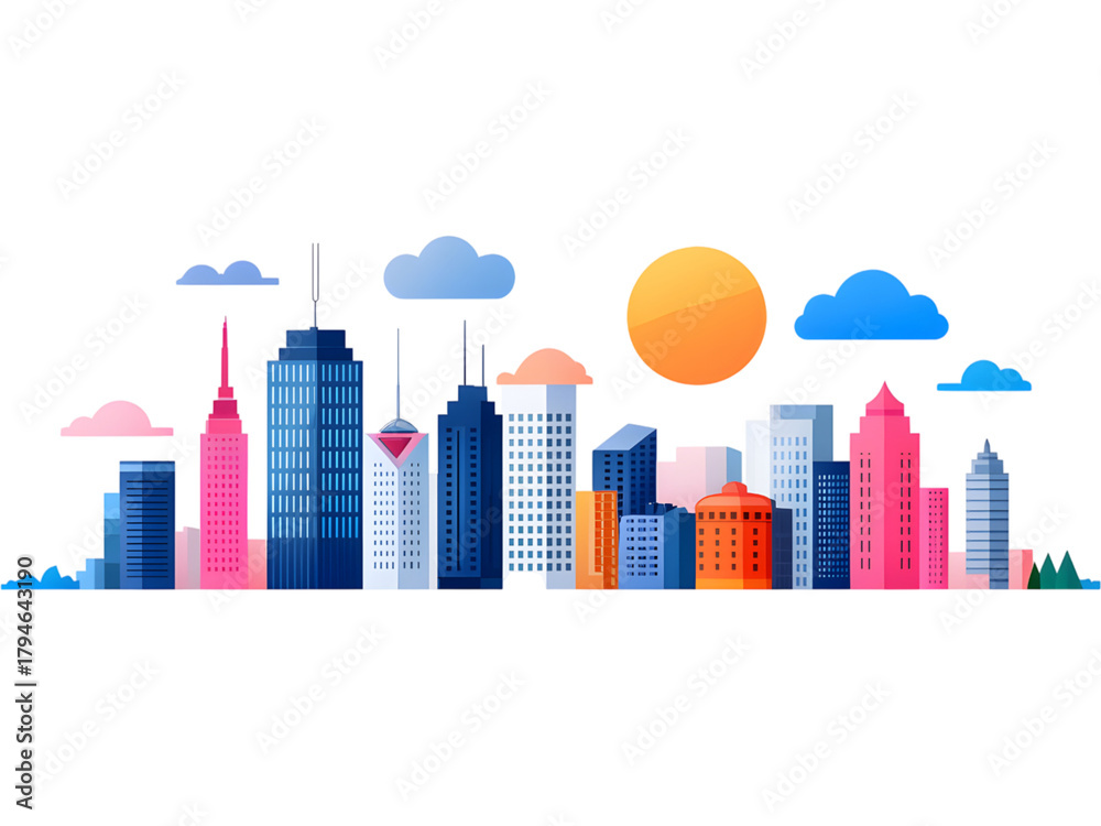 Obraz premium Colorful flat design of modern city skyline with sun isolated on transparent background, perfect for urban and architecture designs.
