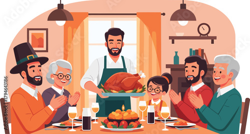 An illustration depicting a loving family seated at the table as they prepare to enjoy a traditional Thanksgiving turkey dinner