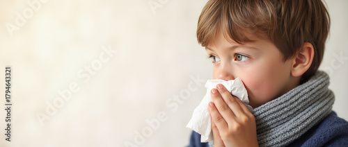 Young boy dressed in warm clothing holding a tissue, light background, concept of health and hygiene during cold season. Common cold concept. Copy space.