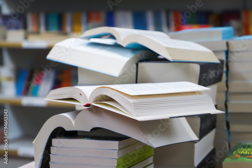 stack of books, close up. Open book on the table in library. Back to school concept. Open book on table with blur bookshelf background