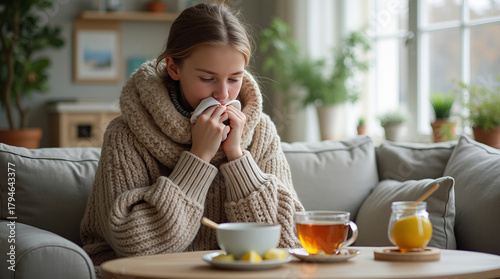 Woman in a knitted sweater holding a tissue, sitting on a couch with tea, honey, and lemon on a wooden table, cozy home setting. Common cold concept