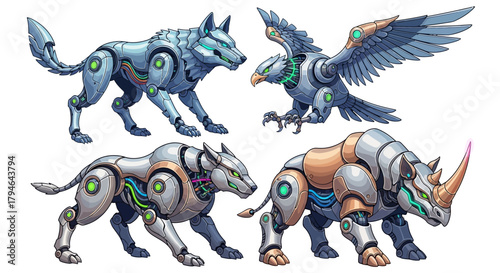 Futuristic robotic animals a wolf eagle panther and rhino with glowing green eyes and cybernetic enhancements
