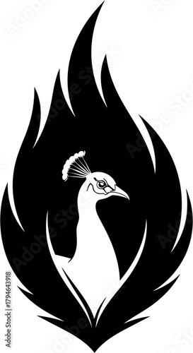Elegant peacock silhouette enclosed in fire shaped frame vector illustration