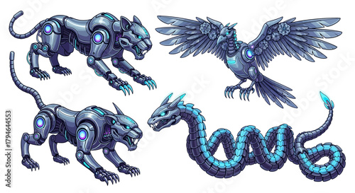 Fierce robotic panther, dragon, and bird creatures ready for futuristic action and fantasy adventures