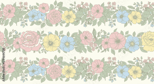 Elegant floral border design with pastel roses, bluebells, and wildflowers for vintage invitations and springtime celebrations, originally vector graphic