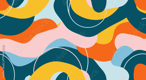 Bold abstract art with fluid shapes, a vibrant retro color palette for striking designs, perfect for modern backgrounds, textiles, and eye-catching brand visuals