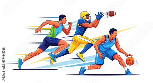 Dynamic athletes in action track runner basketball player and football player catching ball