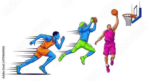 Dynamic athletes in action basketball player scores winning dunk while teammates race for victory