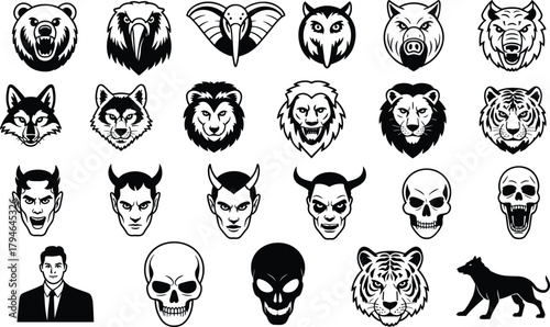 Animal skull character icon set, black and white vector faces, bold line art, tattoo style, mythical beast, graphic design
