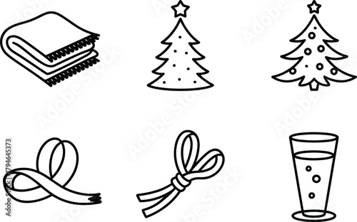 Christmas tree, ribbon bow, fizzy drink, scarf blanket, festive icon set, black and white vector, holiday decoration, winter line art