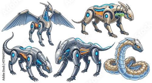 Futuristic robotic creatures including a dragon, panthers, and serpent with glowing energy circuits