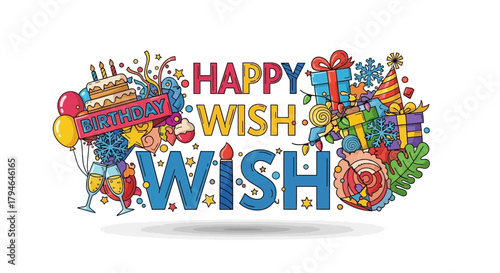Vibrant happy birthday wish design with festive elements and cheerful celebration imagery