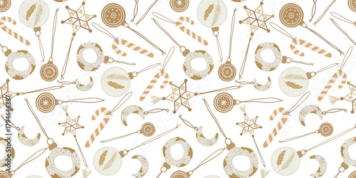 boho style christmas tree decorations vector repeating background festive wallpaper scrapbooking digital paper textile design hand drawn new year ornament