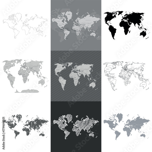 Collection of political maps of the world. A set of black and white maps.