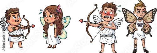 Cartoon children dressed as cupids and fairies acting nervous and surprised, humorous fantasy costume scene illustrating love, emotions, magic, and playful storytelling