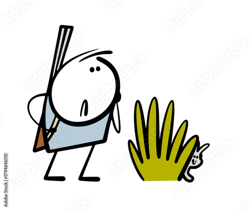 Cartoon character with a gun came to the forest to hunt. Vector illustration of a hunter looking for a victim. Cute bunny, the rabbit is hiding in the bushes. Grass and a hare hole in nature.
