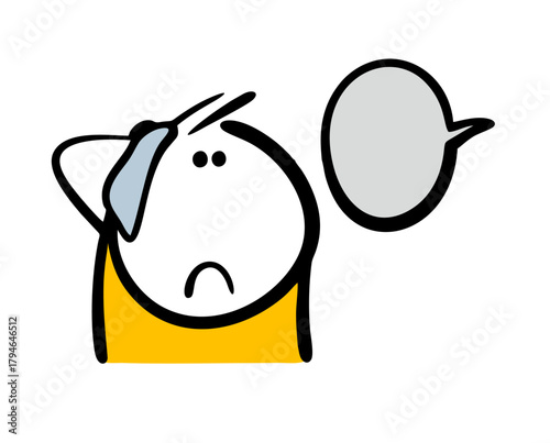 Cartoon discouraged young man wipes sweat from his head with a handkerchief. Vector illustration of a funny character and unpleasant news. An unfortunate surprise, panic, and depression.