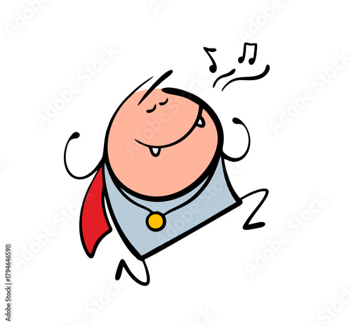 Cheerful vampire with fangs and a red cape is dancing and singing a song. Vector illustration of a man dressed as a funny monster having fun at a corporate party in the office after work.