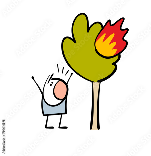 Man screams in panic, calling for help. Vector illustration of a scared boy looking at a fire in the forest. A tree caught fire, a threat to the environment and ecology.