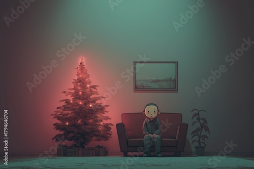 A lone boy sitting in a perfectly symmetrical minimal living room decorated for Christmas beside a softly glowing tree, capturing quiet emotional tension, holiday loneliness, muted colors, and serene 