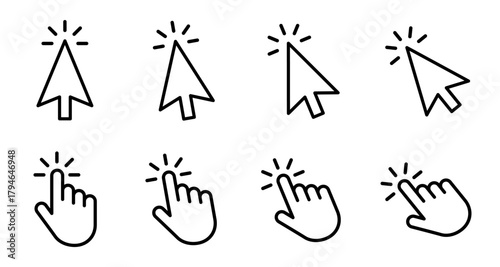 Click cursor icon set, arrow and hand pointer, computer cursor mouse at different angles