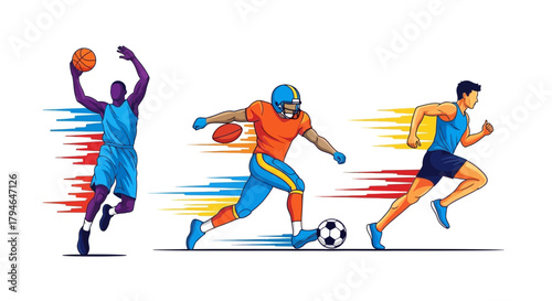 Dynamic athletes showcase basketball, football, and running action with vibrant motion lines