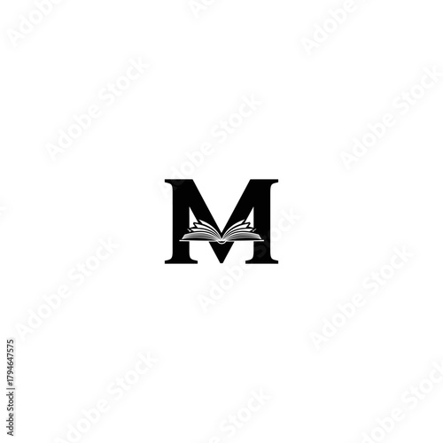 Letter m with open book symbol education and knowledge concept