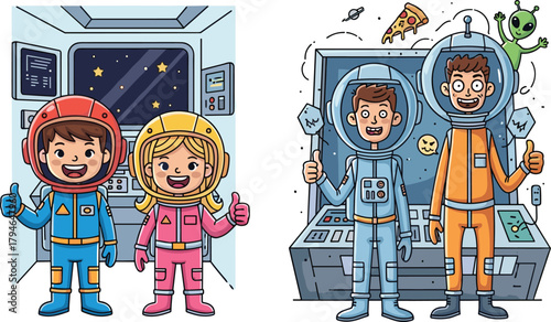 Cute astronauts exploring space together inside futuristic spacecraft, happy kids and adults in colorful spacesuits giving thumbs up, fun cosmic adventure illustration